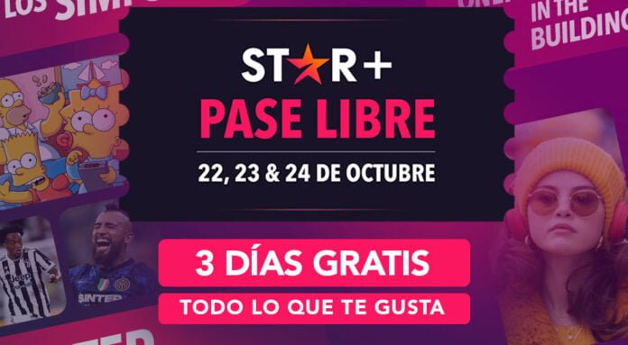 Quienes opten por Star+ Pase Libre disfrutarán de todo el contenido de entretenimiento general y deportes de Star+ sin cargo entre el 22 y el 24 de octubre. Quienes opten por Star+ Pase Libre disfrutarán de todo el contenido de entretenimiento general y deportes de Star+ sin cargo entre el 22 y el 24 de octubre.