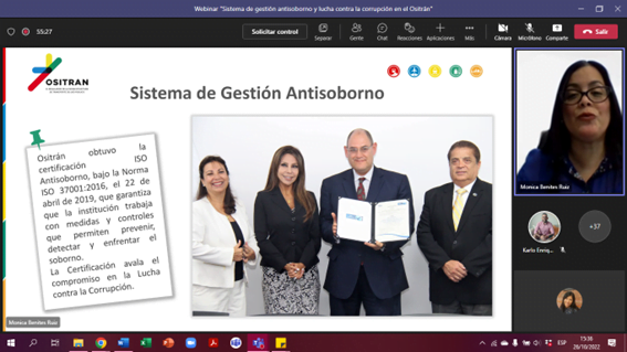 Ositrán resaltó su sistema de gestión antisoborno y lucha contra la corrupción en webinar