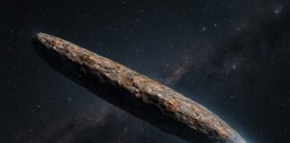 Objeto interestelar 3I/ATLAS con forma alargada y cola de gas viajando por el espacio, observado por telescopios de la NASA y el VLT de Chile.