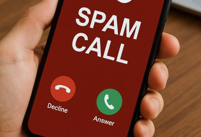 cómo bloquear llamadas spam Persona sosteniendo un celular con alerta de llamada SPAM en pantalla, ilustrando cómo bloquear llamadas no deseadas en Perú.