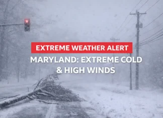 Carretera en Maryland cubierta de nieve durante una alerta de clima extremo, con un árbol caído por vientos fuertes y visibilidad reducida por la ventisca