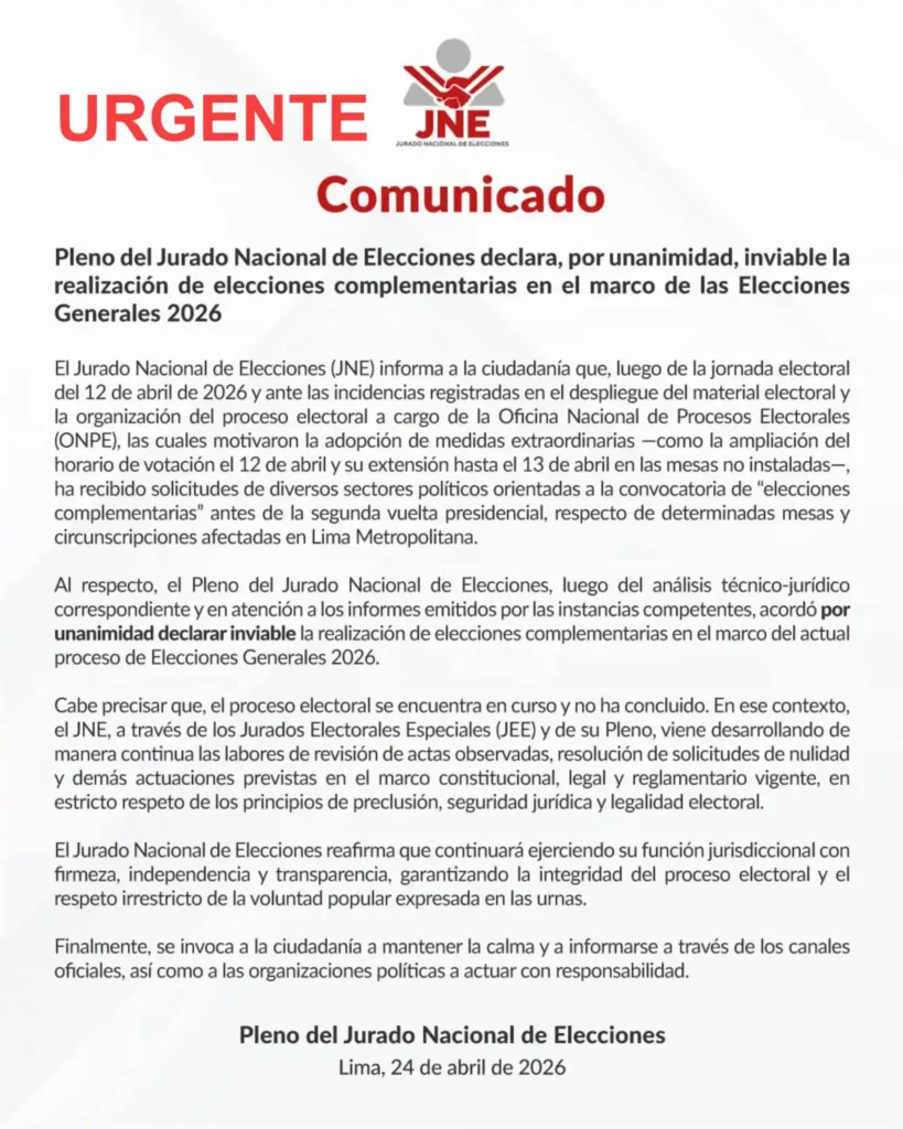 Comunicado JNE sobre elecciones complementarias
