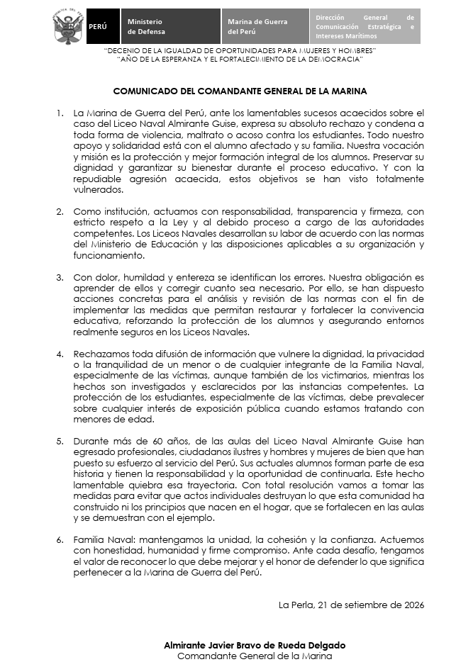 Comunicado de la Marina sobre caso Liceo Naval.