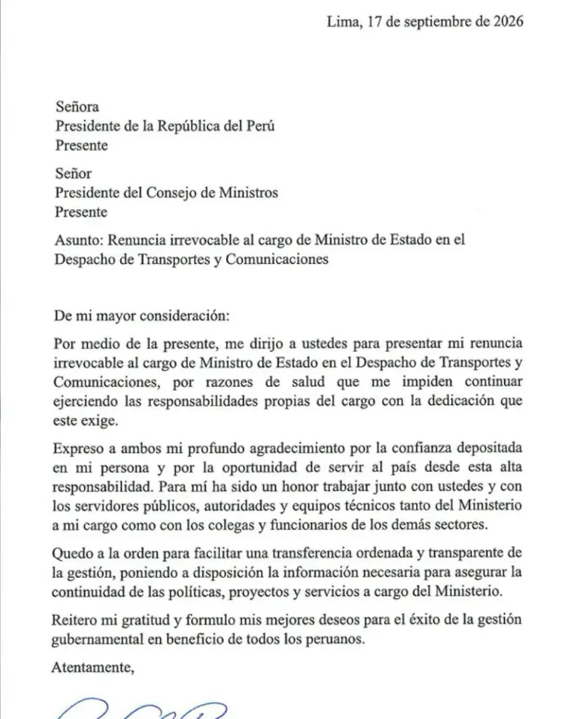 Rafael Rey renuncia al Ministerio de Transportes y Comunicaciones por motivos de salud