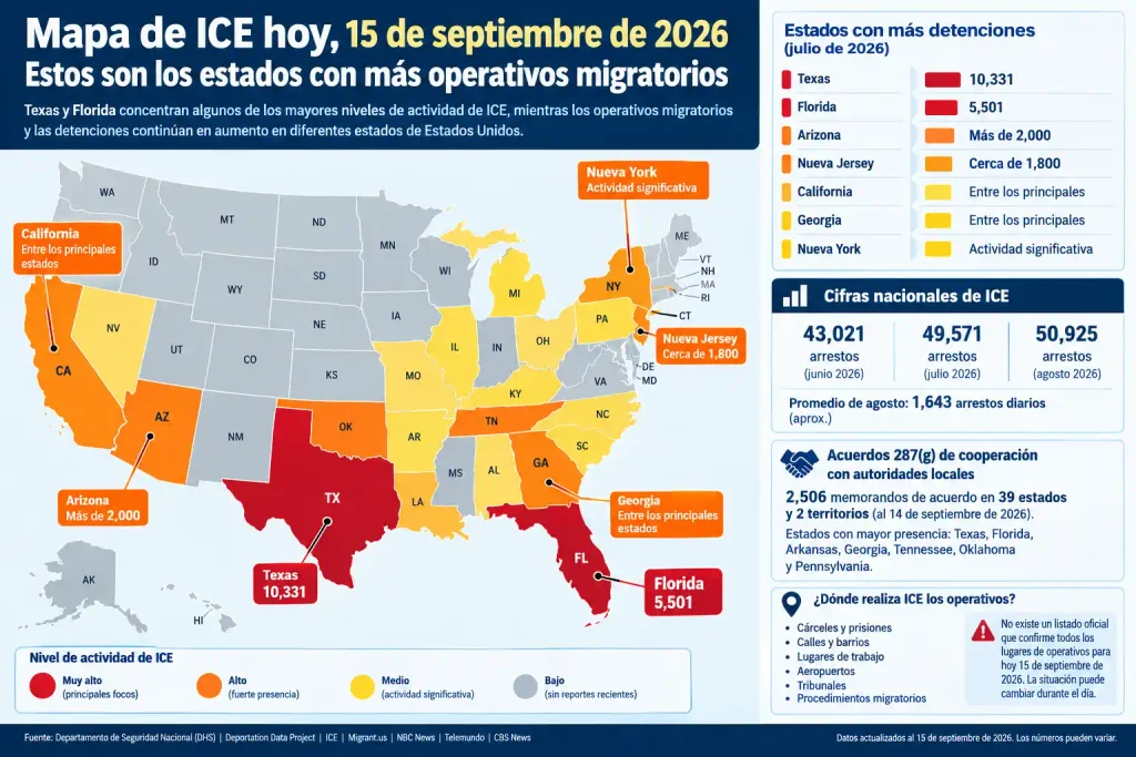 Mapa con las zonas de mayor actividad de ICE en EE. UU.