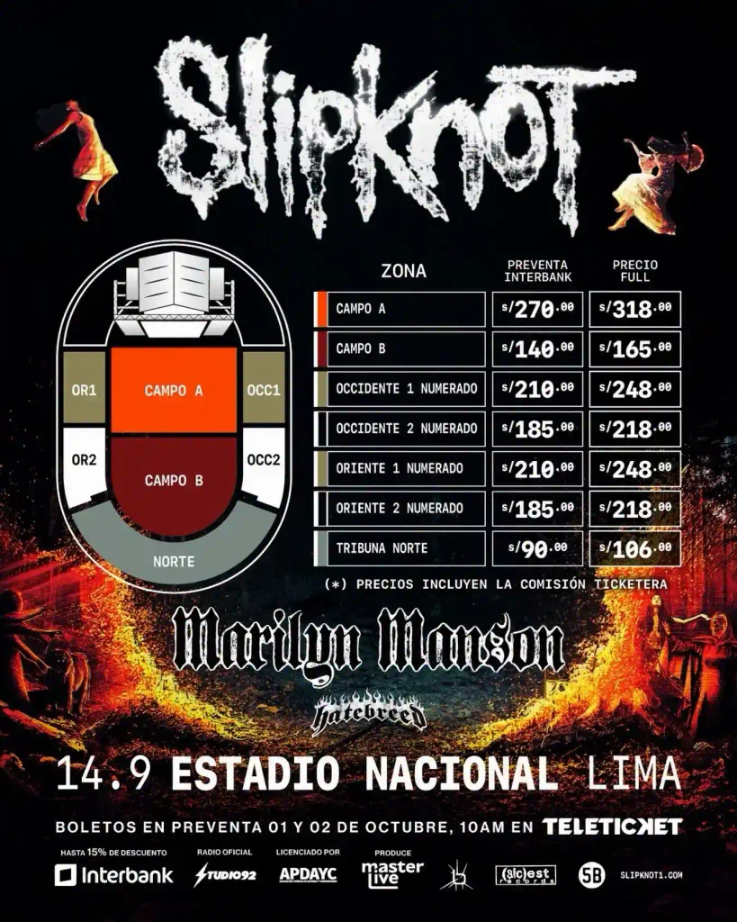 PRECIOS PARA EL CONCIERTO DE SLIPKNOT EN LIMA 2027