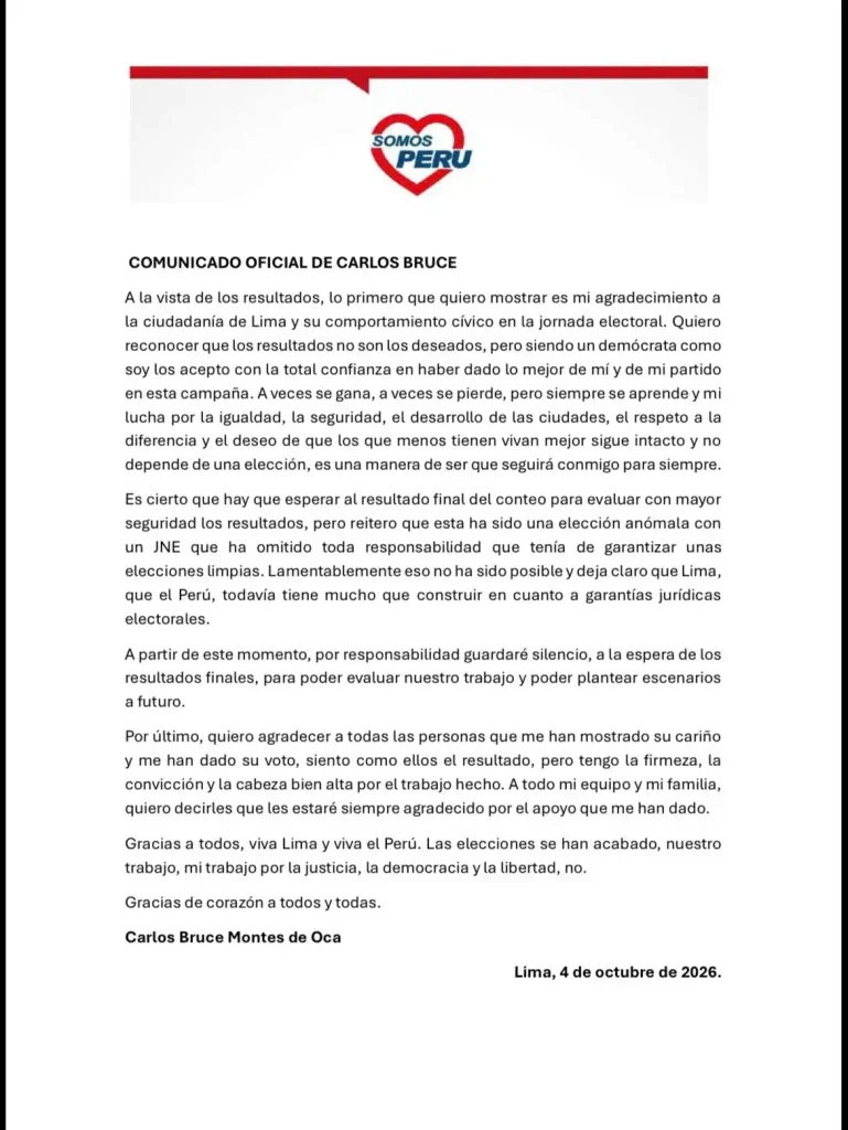 Comunicado de Carlos Bruce tras perder la elecciones municipales para Lima 2026.